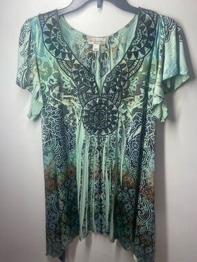 Mint Green Embroidered Lace-Up Boho Tunic Top